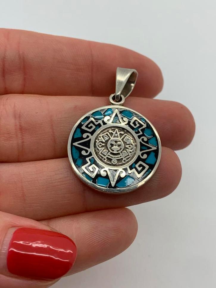 Z69 Prachtige zilveren hanger maya’s, Sieraden, Tassen en Uiterlijk, Kettinghangers, Zo goed als nieuw, Zilver, Zilver, Overige voorstellingen