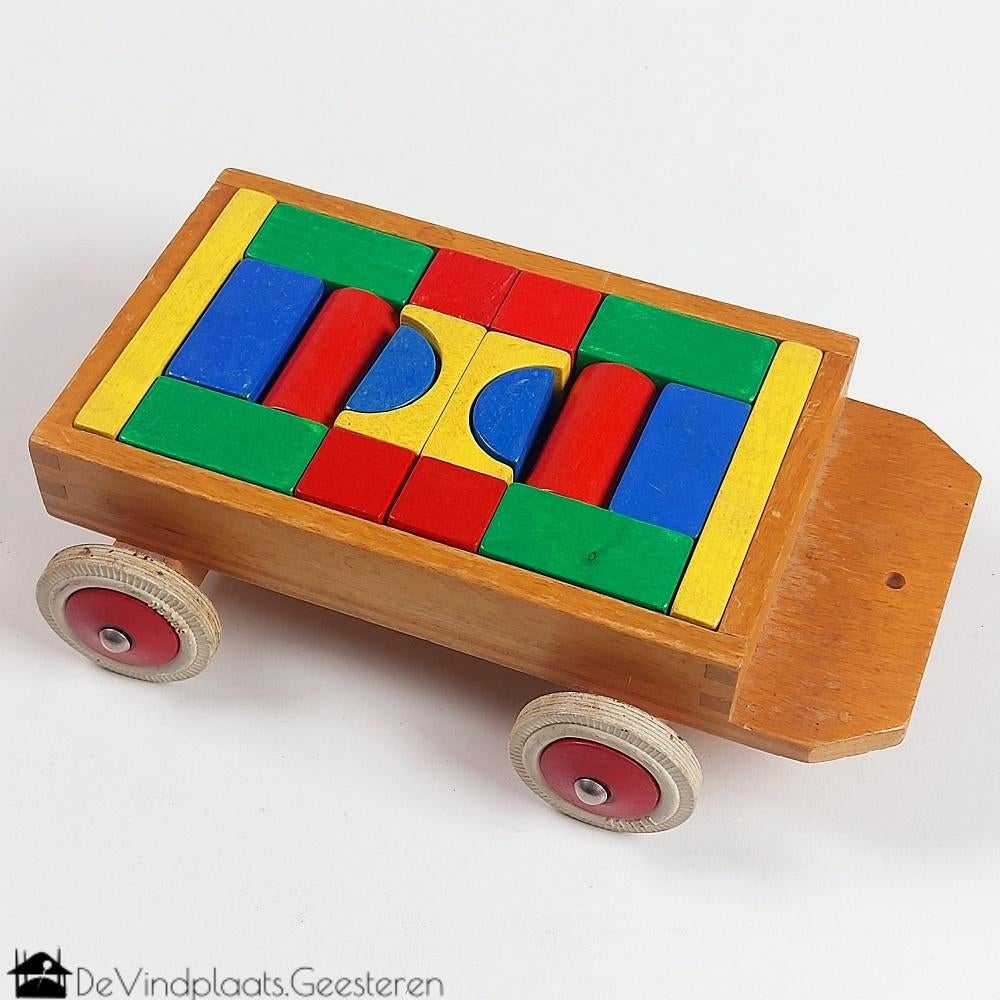 Vintage houten trekkar met bouwblokken, -, -, Ophalen of Verzenden, Zo goed als nieuw