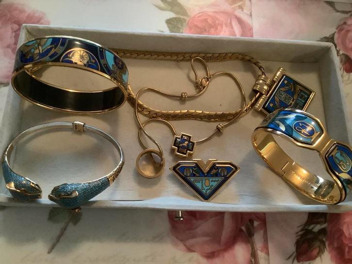 Vintage gouden sieraden Michaela Frey Emaille ,Lapis Lazuli, Sieraden, Tassen en Uiterlijk, Kettingen, Zo goed als nieuw, Goud