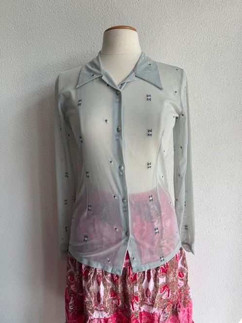 Vintage lichtgroene mesh geborduurde blouse, Kleding | Dames, Blouses en Tunieken, Zo goed als nieuw, Maat 38/40 (M), Groen, Ophalen of Verzenden