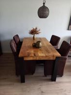 Mooie acacia houten eettafel met 4 bruine suède stoelen, Huis en Inrichting, Ophalen, Gebruikt, Industrieel en hout, 4 tot 6 stoelen
