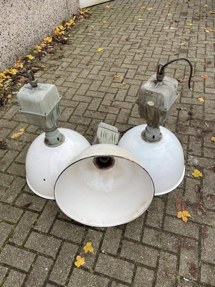 Set van 6 emaille- industriële lampen, Huis en Inrichting, Lampen | Hanglampen, Zo goed als nieuw, 75 cm of meer, Metaal