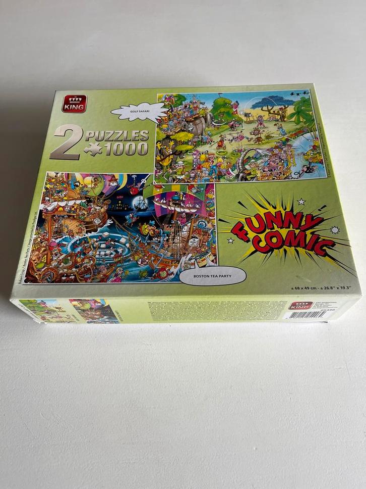 2 Puzzels: Golf Safari & Boston Tea Party - 1000 stukjes, Hobby en Vrije tijd, Denksport en Puzzels, Zo goed als nieuw, Legpuzzel