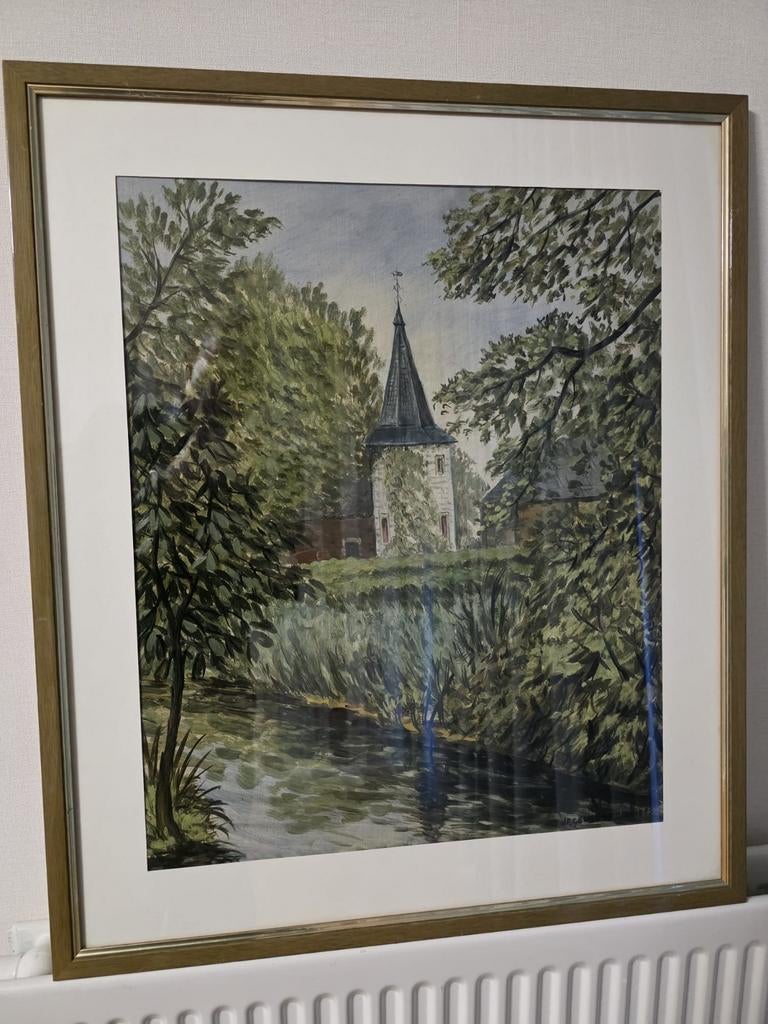 J.F. Geusebroek Aquarel - Kerk in Boerenlandschap, Antiek en Kunst, Ophalen