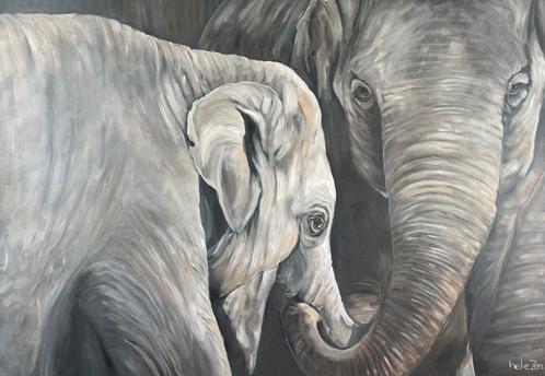 Schilderij olifanten uit eigen atelier, Huis en Inrichting, Woonaccessoires | Schilderijen, Tekeningen en Foto's, Zo goed als nieuw