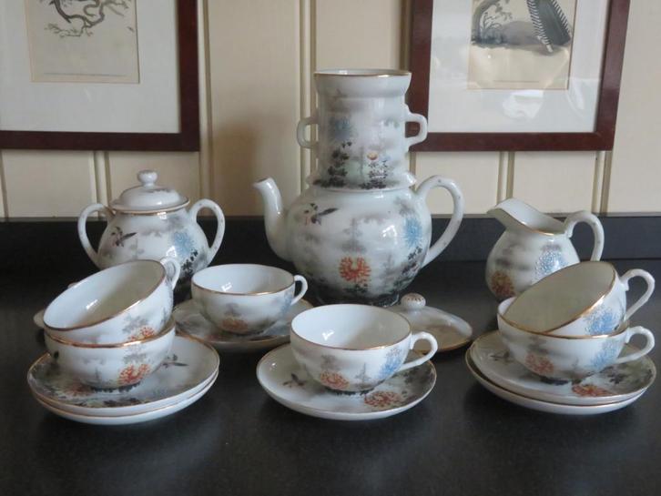 Porseleinen Japans Kutani theeservies 6-persoons, Antiek en Kunst, Antiek | Servies compleet, Ophalen of Verzenden