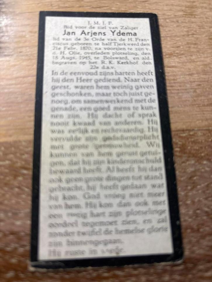 Ydema Jan 1870 Tjerkwerd 1945 Bolsward - 27008, Verzamelen, Bidprentjes en Rouwkaarten, Bidprentje, Verzenden