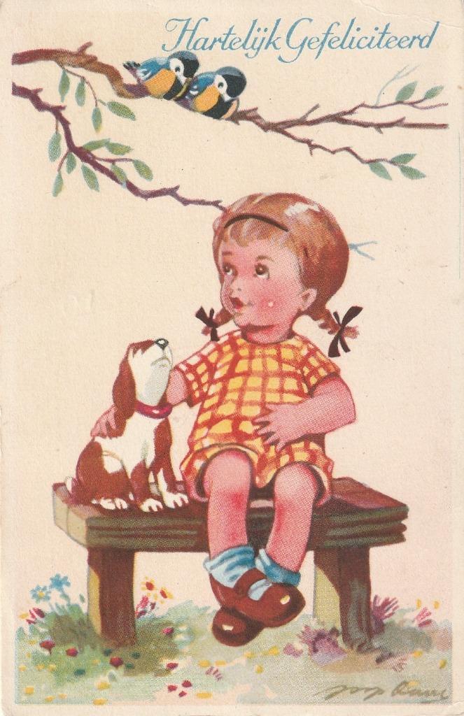 MEISJE HOND TEKN JOOP DAM ZEER MOOIE OUDE KAART KJ393, Verzamelen, Ansichtkaarten | Themakaarten, Gelopen, 1960 tot 1980, Kinderen