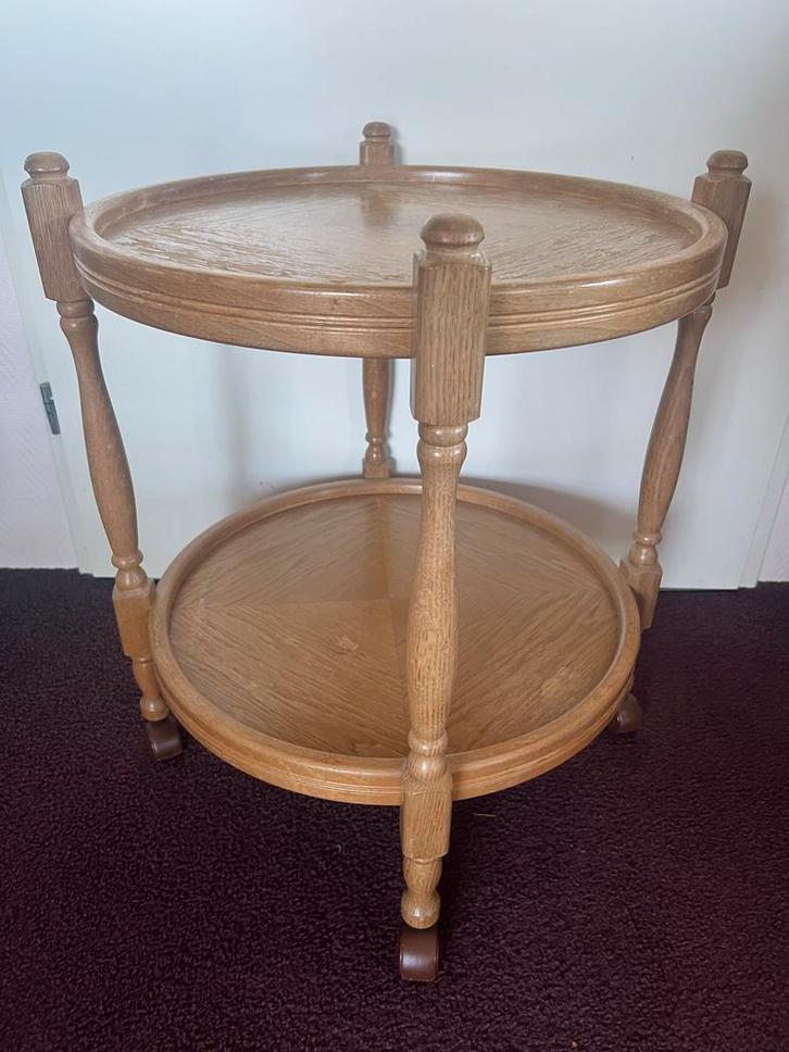 Vintage Houten Bijzettafel bartafel met 2 Bladen, Huis en Inrichting, Tafels | Bijzettafels, Gebruikt, Rond, 45 tot 60 cm, Minder dan 55 cm