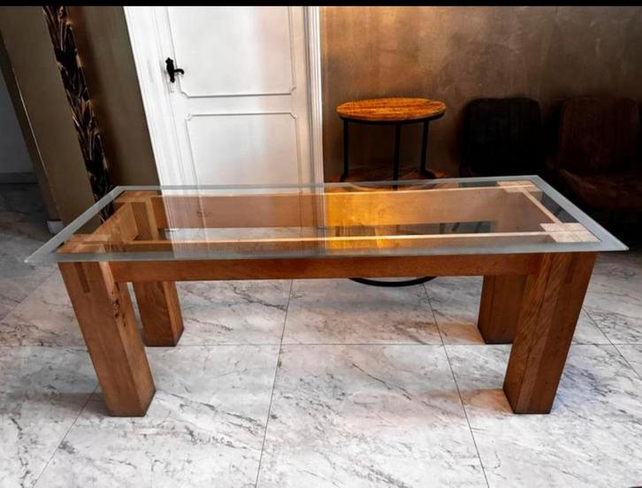 Glazen eettafel/bureautafel met houten onderstel 67x178,5cm, Huis en Inrichting, Tafels | Eettafels, Gebruikt, 50 tot 100 cm, 150 tot 200 cm