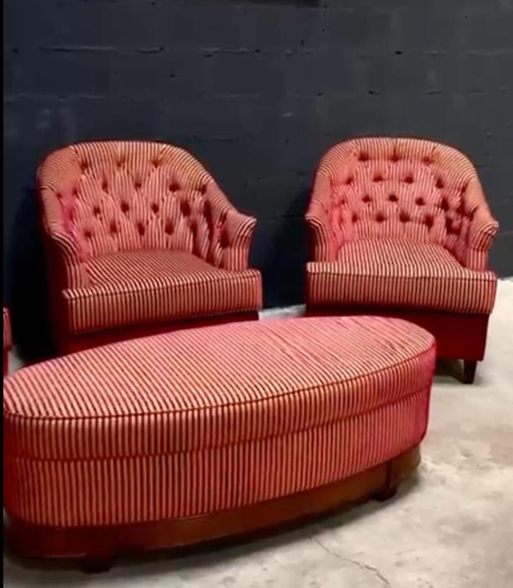 Set van 6 fluwelen fauteuils + 2 ovalen poefs, Huis en Inrichting, Fauteuils, Gebruikt, 50 tot 75 cm, Minder dan 75 cm, Ophalen of Verzenden