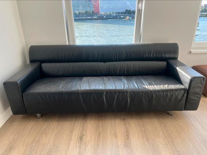 Vintage zwarte leren bank, Huis en Inrichting, Banken | Bankstellen, Gebruikt, Rechte bank, Driepersoons, 200 tot 250 cm, 75 tot 100 cm