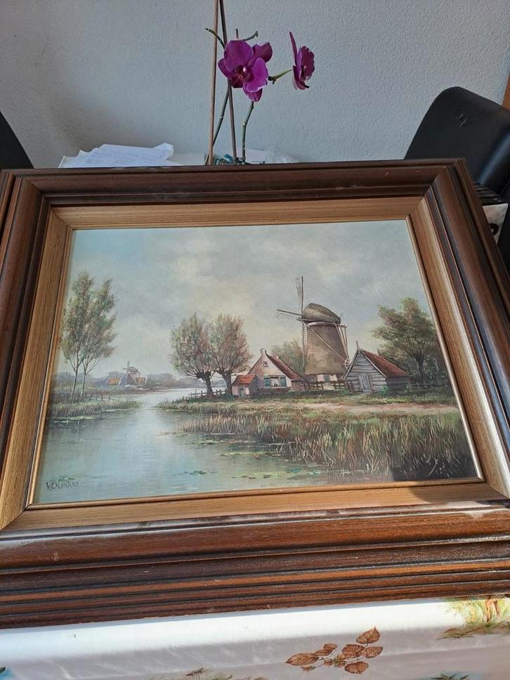 Schilderij met molenlandschap, Antiek en Kunst, Kunst | Schilderijen | Klassiek, Ophalen of Verzenden