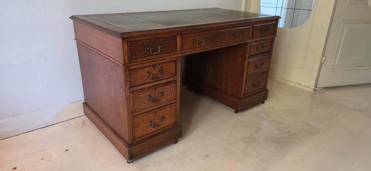 Oud Engels Bureau met Groen Leder Inleg, Huis en Inrichting, Bureaus, Gebruikt, Bureau, Ophalen of Verzenden