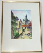 Origineel schilderij ‘Oude stad’ aquarel, gesigneerd., Ophalen of Verzenden