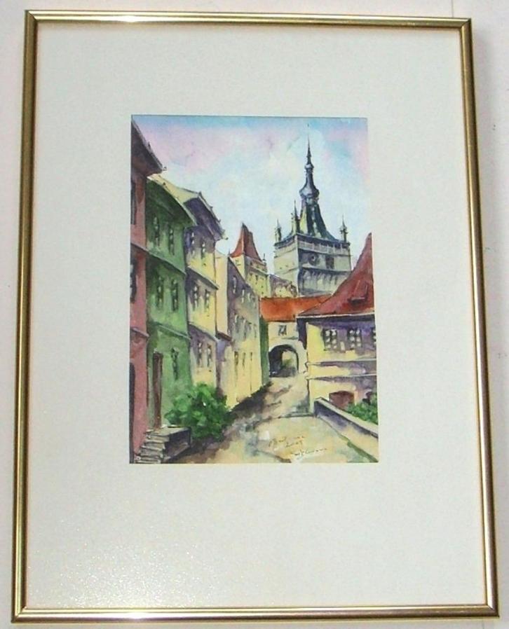 Origineel schilderij ‘Oude stad’ aquarel, gesigneerd., Antiek en Kunst, Kunst | Schilderijen | Klassiek, Ophalen of Verzenden