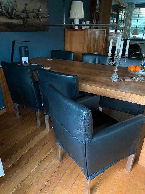 Eettafel met 6 zwart leren stoelen (mogen ook apart), Huis en Inrichting, Complete eetkamers, Gebruikt, Ophalen
