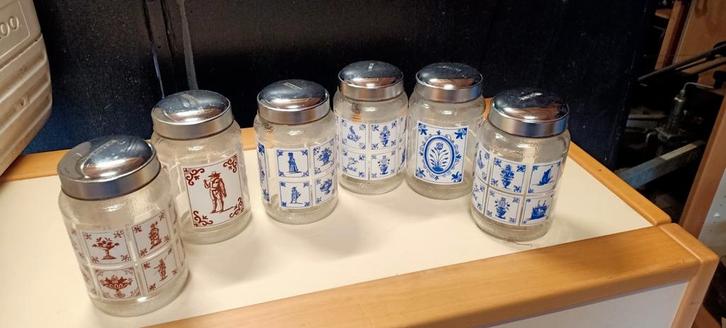 Vintage Nestlé Voorraadpotten met Blauw/Rood Decor, Huis en Inrichting, Keuken | Keukenbenodigdheden, Gebruikt, Ophalen of Verzenden