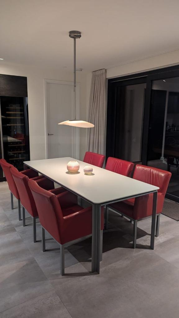 Set van 6 LEREN design Topform eetkamerstoelen, Huis en Inrichting, Stoelen, Zo goed als nieuw, Rood, Ophalen