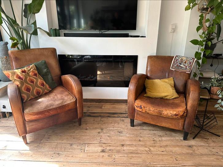 Schapenleren wagenwiel fauteuils, Huis en Inrichting, Stoelen, Zo goed als nieuw, Ophalen