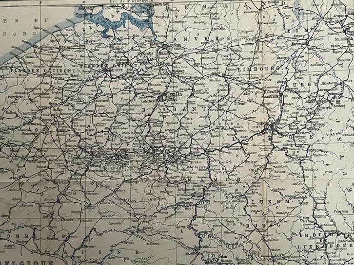 BELGIE - IN - LIJST - 1885 Landkaart Belgie O U D in lijst, Antiek en Kunst, Kunst | Etsen en Gravures, Ophalen of Verzenden