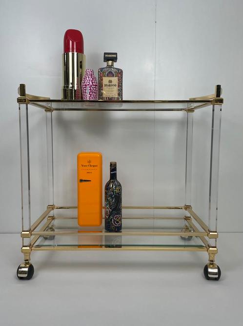 Vintage plexiglas bar cart / serveerwagen/ drank kar goud, Huis en Inrichting, Tafels | Bijzettafels, Zo goed als nieuw, Rechthoekig