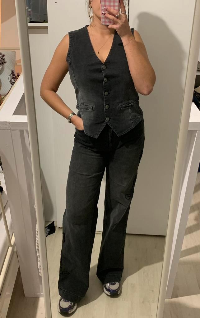Antraciet denim gilet van DNM Pure met borduursels, Kleding | Dames, Bodywarmers, Zo goed als nieuw, Maat 46/48 (XL) of groter