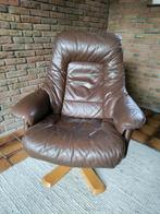 Deense vintage draaibare fauteuil cognac leer (jaren 70), Huis en Inrichting, 75 tot 100 cm, Deens, Leer, 75 tot 100 cm