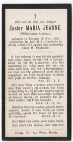Zr. Wilhelmina Leijten 1891 Dongen + 1918 Breda, 26 jaar oud, Verzamelen, Bidprentjes en Rouwkaarten, Verzenden, Bidprentje