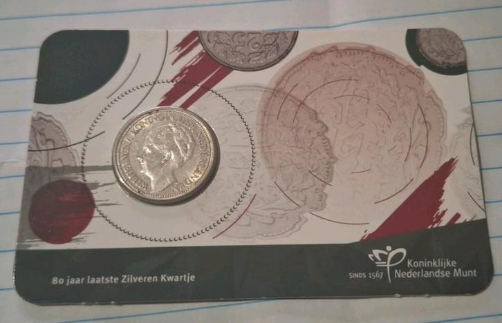 Coincard 80 jaar laatste zilveren kwartje diverse jaartallen, Postzegels en Munten, Munten | Nederland, Losse munt, 25 cent, Koningin Wilhelmina