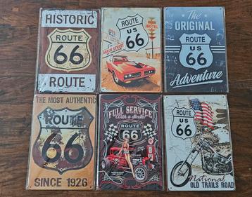 Set van 6 metalen bordjes 20x30 cm Route 66 USA beschikbaar voor biedingen