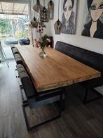 Massief houten boomstamtafel met bank en stoelen, Ophalen, 200 cm of meer, 50 tot 100 cm, Zo goed als nieuw