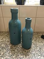 2x mooie blauwe/turquiose vaasjes, Blauw, Ophalen of Verzenden, Minder dan 50 cm, Glas