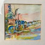 Twee aquarellen in houten lijst 25,5x25,5 cm, Ophalen of Verzenden