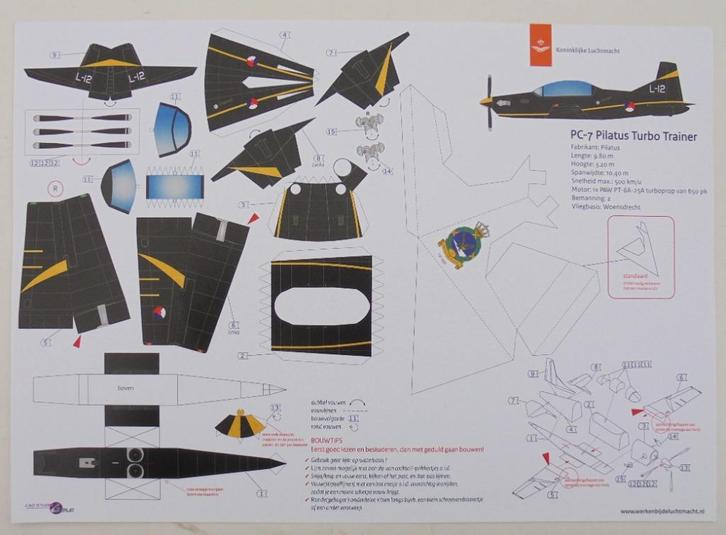 Bouwplaat PC-7 Pilatus Turbo Trainer Koninklijke Luchtmacht., Verzamelen, Militaria | Algemeen, Luchtmacht, Miniatuur of Beeldje