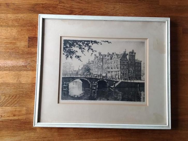 Ets Brouwersgracht/Prinsengracht A'dam - Maarten Langbroek, Antiek en Kunst, Kunst | Tekeningen en Foto's, Ophalen of Verzenden