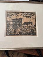 Vintage ets/ houtsnede gesigneerd reizigers / woonwagens, Antiek en Kunst, Ophalen of Verzenden