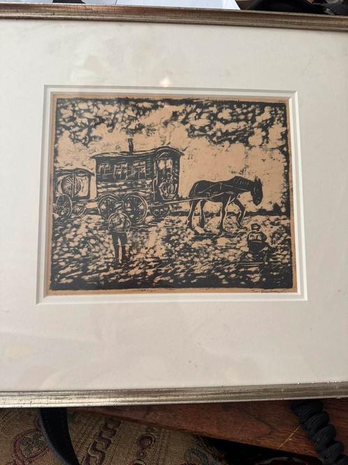 Vintage ets/ houtsnede gesigneerd reizigers / woonwagens, Antiek en Kunst, Kunst | Etsen en Gravures, Ophalen of Verzenden