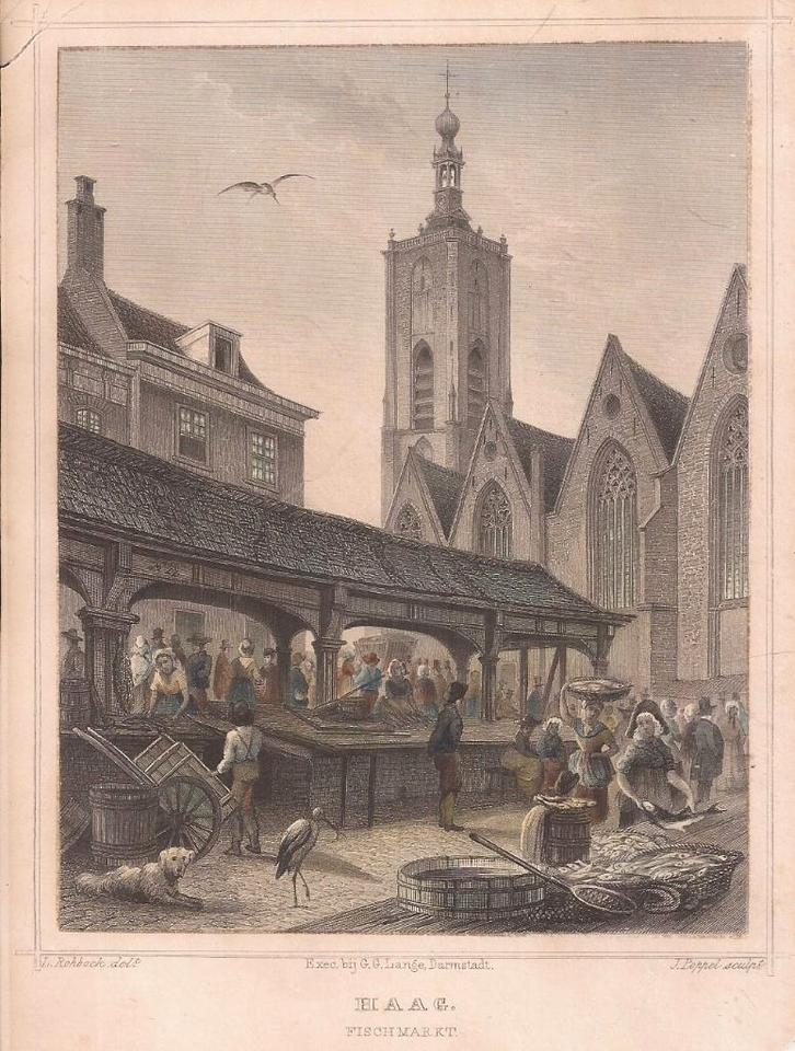Den Haag Vismarkt Haag Fischmarkt Staalgravure ca. 1855, Antiek en Kunst, Kunst | Etsen en Gravures, Ophalen of Verzenden