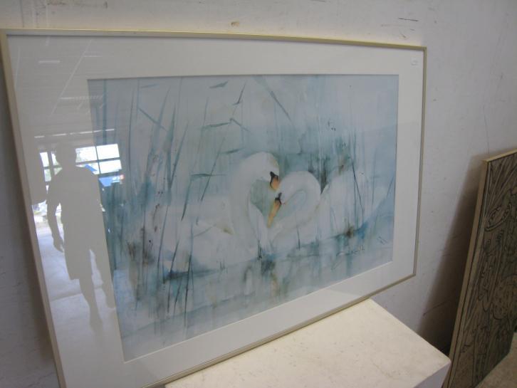 Aquarel van Jan Kooistra (1950-2012) van 2 zwanen, Antiek en Kunst, Kunst | Schilderijen | Abstract