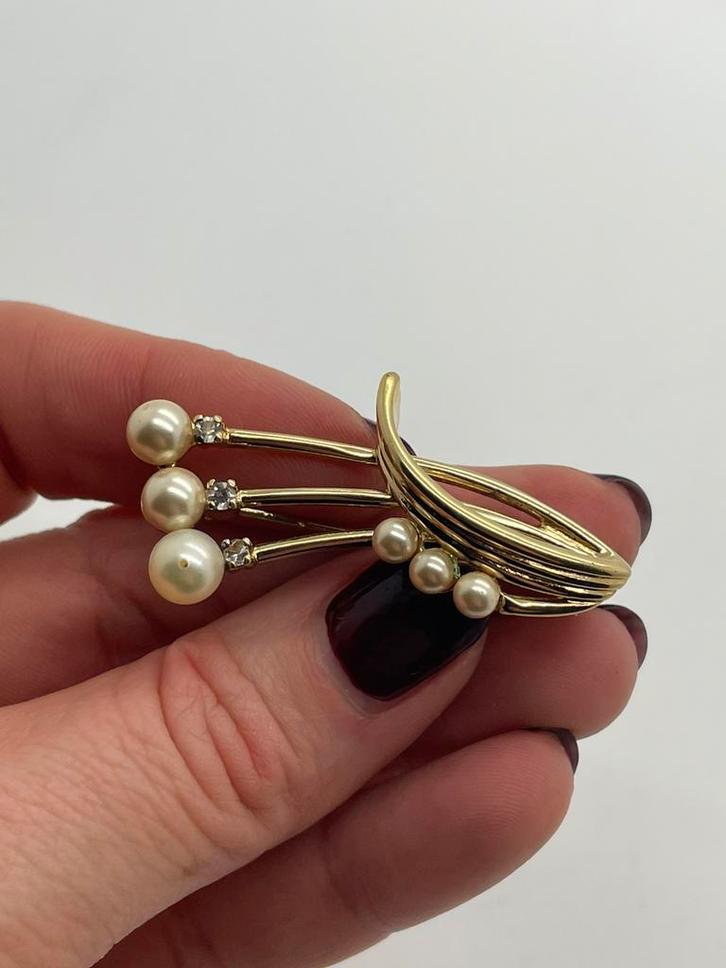 B275 Prachtige zilveren broche goudkleur parels, Sieraden, Tassen en Uiterlijk, Broches, Zo goed als nieuw, Zilver, Goud, 4 tot 7 cm