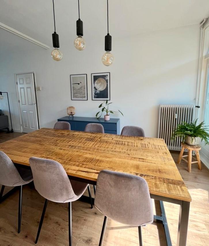 Eettafel + 6 stoelen - Mangohout & Ribstof, Huis en Inrichting, Tafels | Eettafels, Gebruikt, 50 tot 100 cm, 150 tot 200 cm, Vijf personen of meer