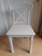 4 Houten eetkamer stoelen kleur lichtgrijs/taupe, pr p stuk, Ophalen, Gebruikt, Bruin