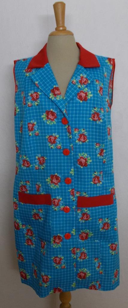 Vintage look aquablauw fleurige print jurk/schort! 46, Kleding | Dames, Jurken, Zo goed als nieuw, Maat 46/48 (XL) of groter, Blauw
