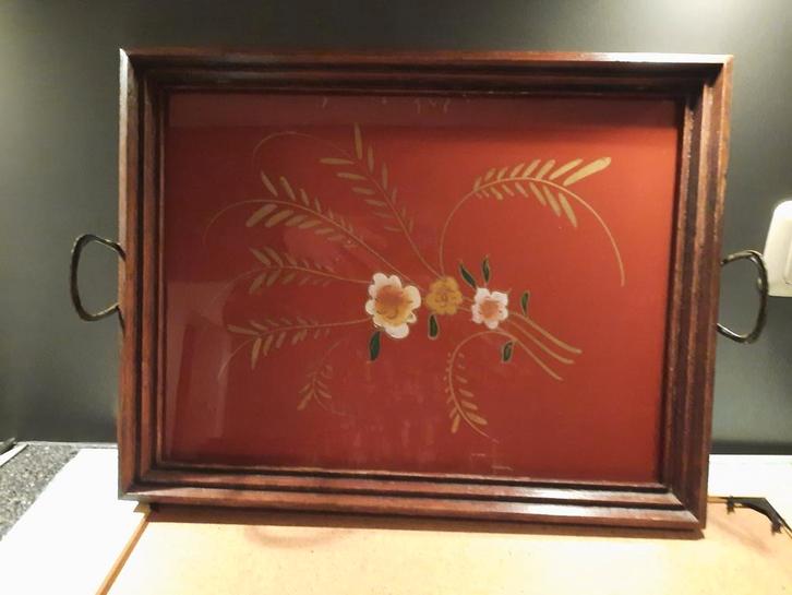 Houten dienblad met bloemmotief, Huis en Inrichting, Woonaccessoires | Dienbladen, Gebruikt, Hout, Rechthoekig, Ophalen of Verzenden