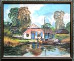 Aquarel Boerderij met hooiberg en boot, Antiek en Kunst, Kunst | Schilderijen | Klassiek, Ophalen of Verzenden