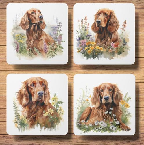 Ierse Setter Aquarel onderzetters met houder, Huis en Inrichting, Woonaccessoires | Onderzetters, Nieuw, Glas of Kopje, Ophalen of Verzenden