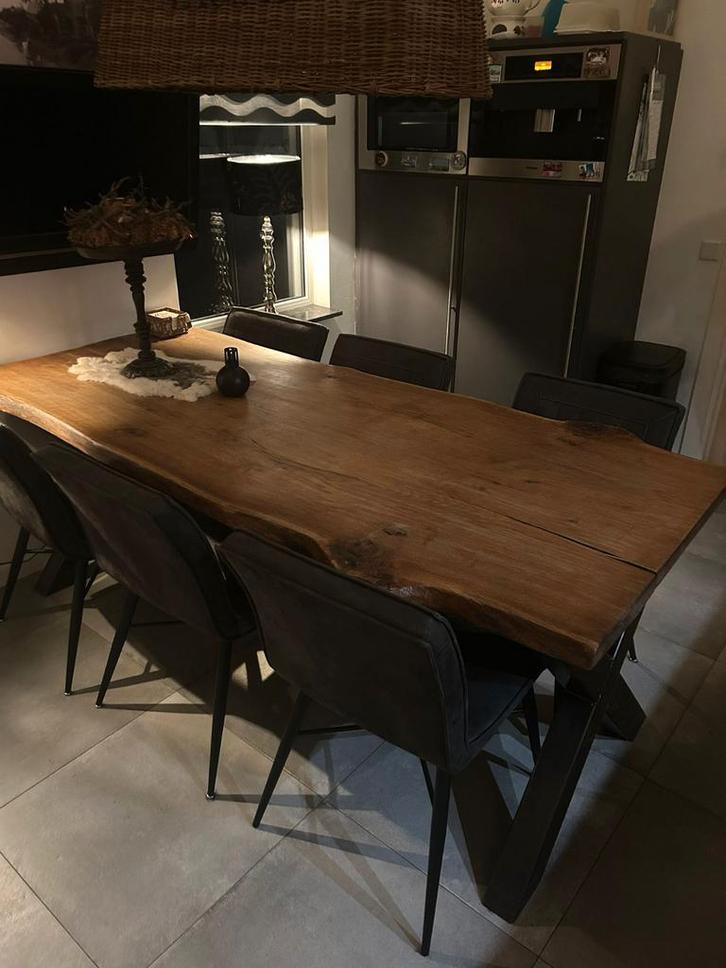 6 pp Boomstam eethoektafel, Huis en Inrichting, Tafels | Eettafels, Zo goed als nieuw, 50 tot 100 cm, 200 cm of meer, Rechthoekig