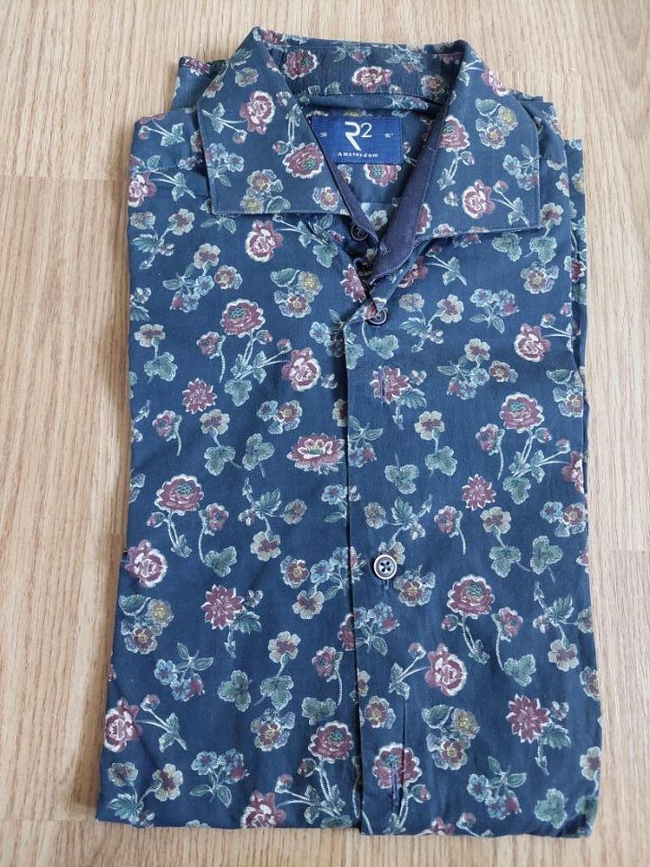 R2 Herenblouse met bloemenprint, donkerblauw - Maat M/L, Kleding | Heren, Overhemden, Zo goed als nieuw, Halswijdte 39/40 (M)