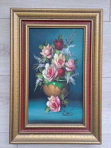 Vintage olieverf schilderij bloemen op doek beschikbaar voor biedingen